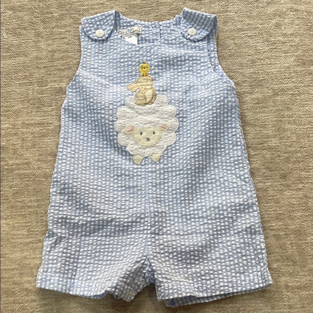Petit Ami Light Blue Romper with Sheep and Duck Design
